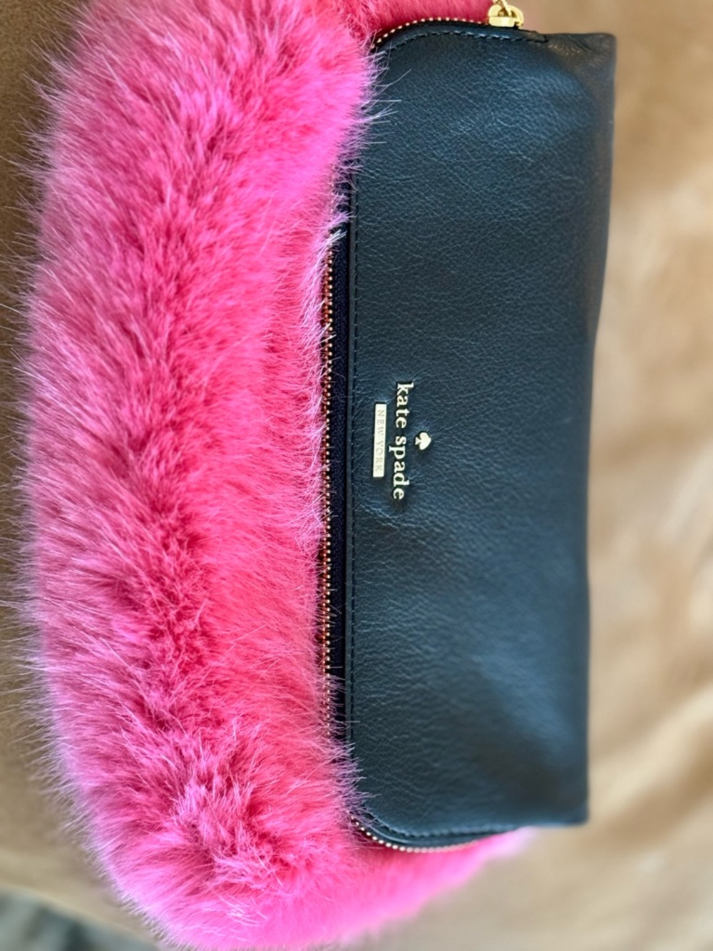 kate spade Pink Fur-Trim Black Leather Clutch